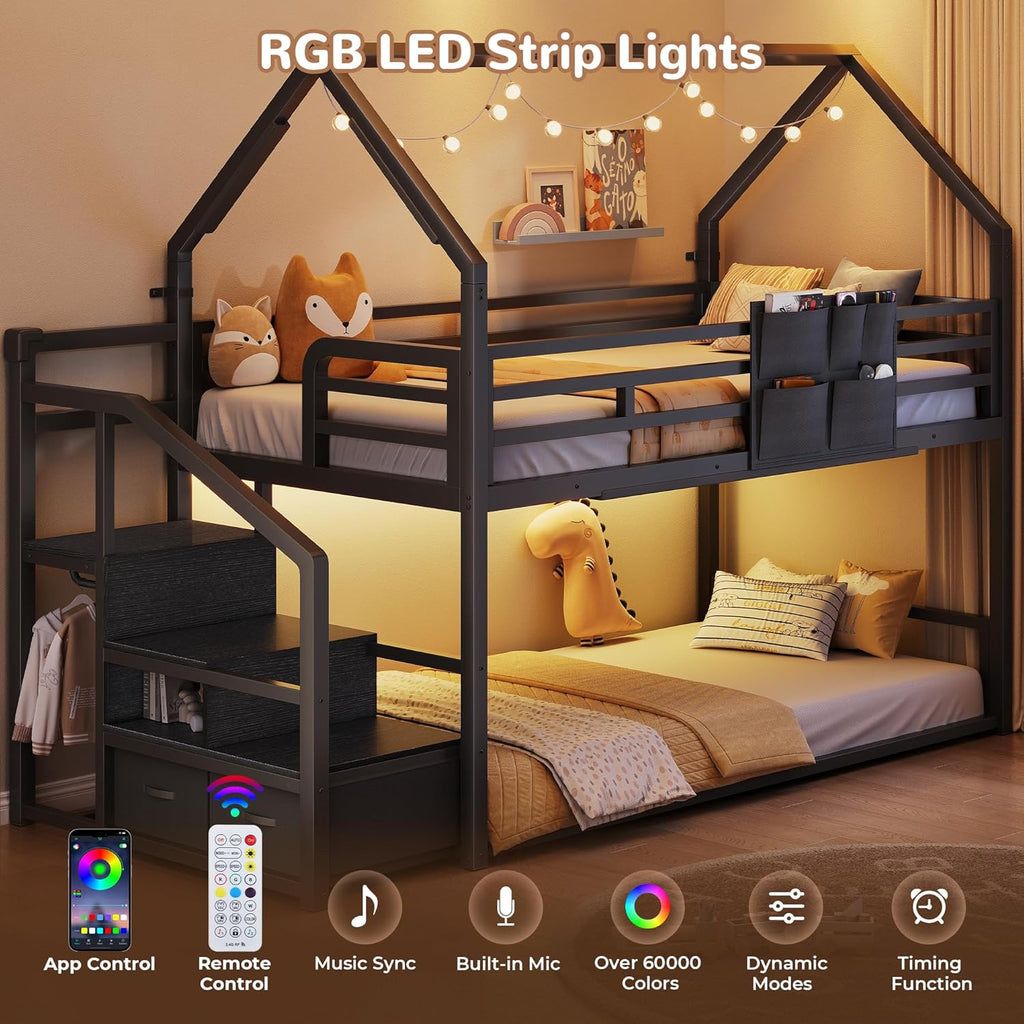 Metal Bunk Bed Twin Over Twin with Storage Staircase, Clothes Rack, LED Twin Bunk Beds for Kids with 2 Storage Drawers