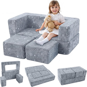 Glow Dinosaur Kids Couch, Gray Modular Fold Out Play Couch