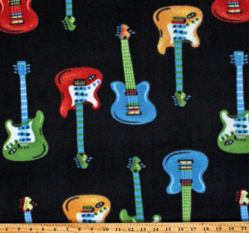 Fleece Guitars Electric Guitars Musical Instrument Band Black Fleece Fabric Print by The Yard (A335.06)