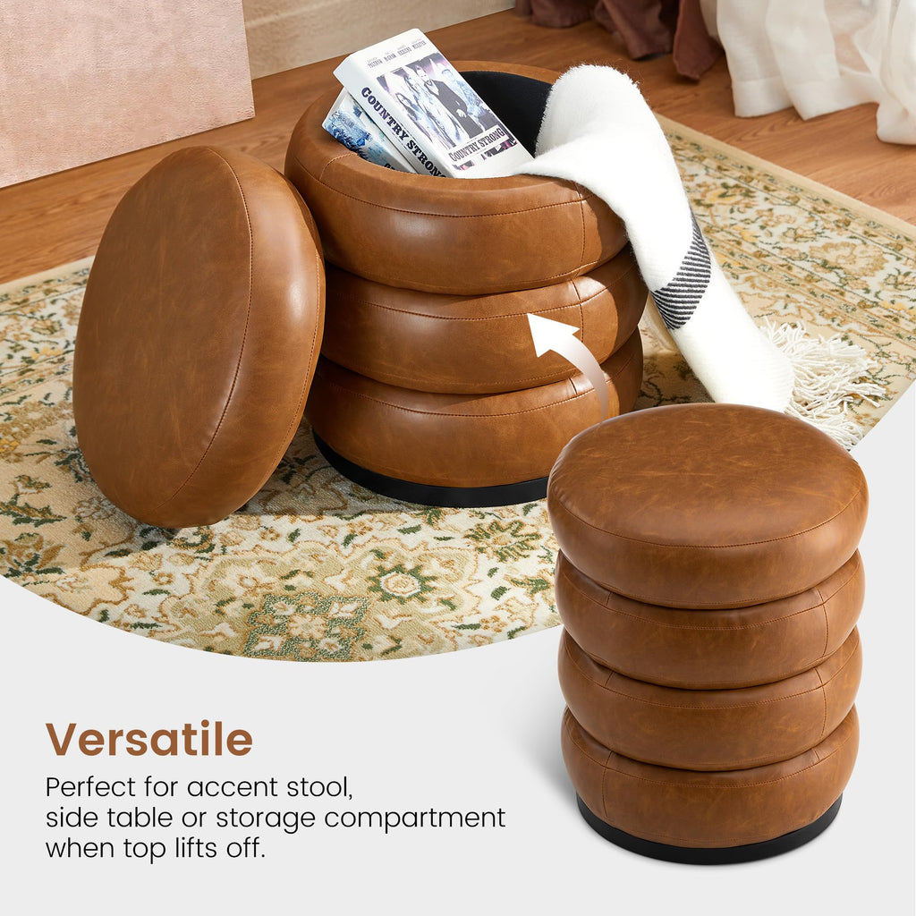 Set of 2 Modern Storage Ottomans, Upholstered PU Leather Accent Footrest Ottomans, Round Vanity Foot Stools with