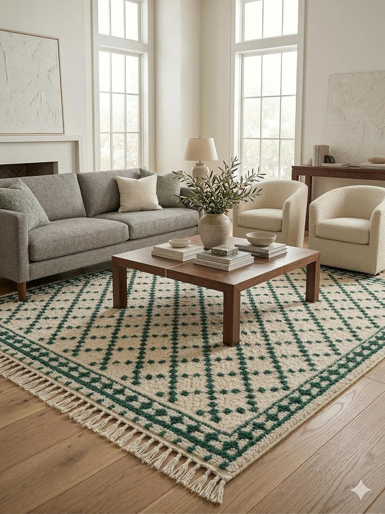 Handmade Moroccan Berber Area Rug 6' x 9', 100% Wool High Pile Shag, Ivory/Cream with Dark Green Small Diamond