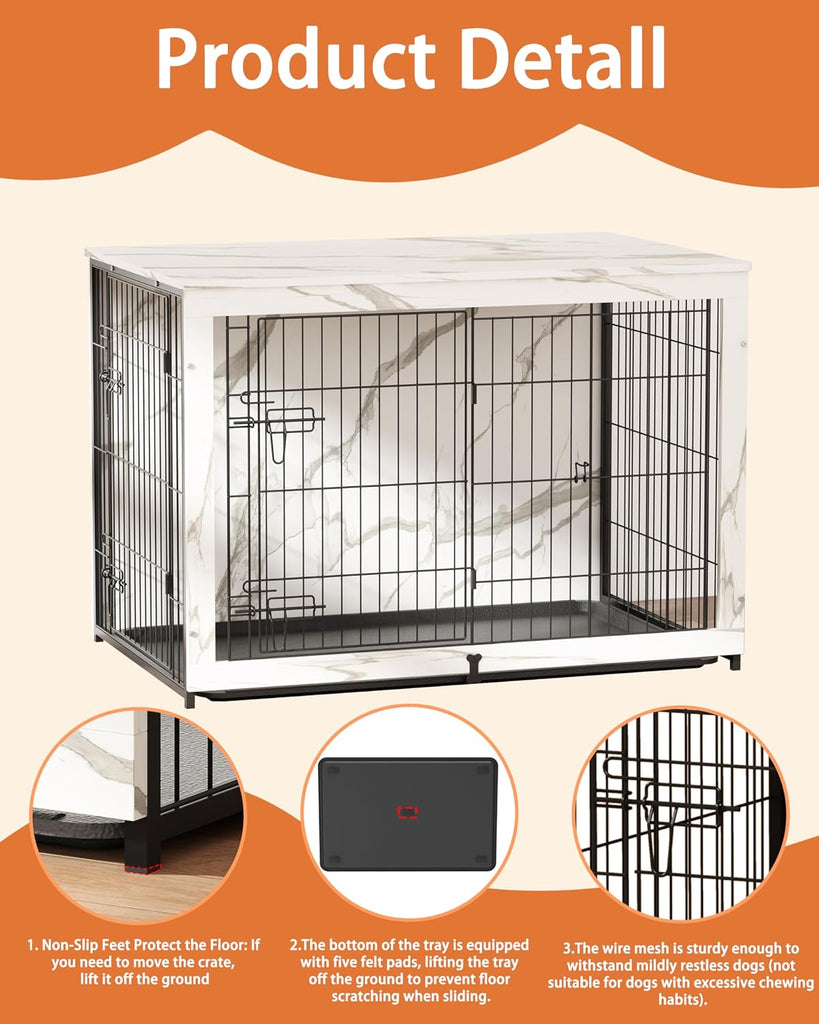 Wooden Dog Crate Furniture with Cushion, Large Dog Crate End Table with Tray, Double Doors Kennels Indoor (43.1"