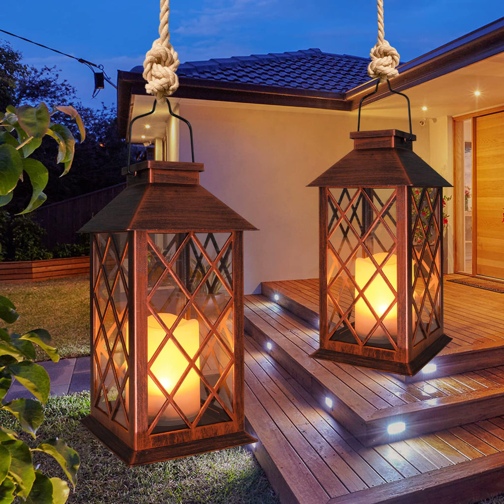14" Solar Lanterns Outdoor Garden Lantern Waterproof LED Flickering Flameless Candle Mission Lights for