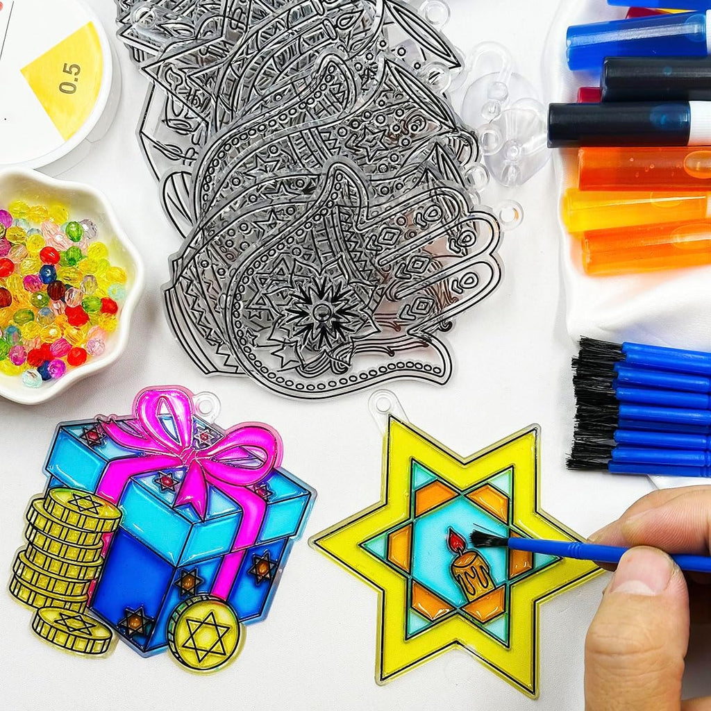 Suncatchers Kit 30Sets Hanukkah Suncatchers Window Art Paint Sun Catcher DIY Craft Kits Chanuka Dreidel Star - Set of 30