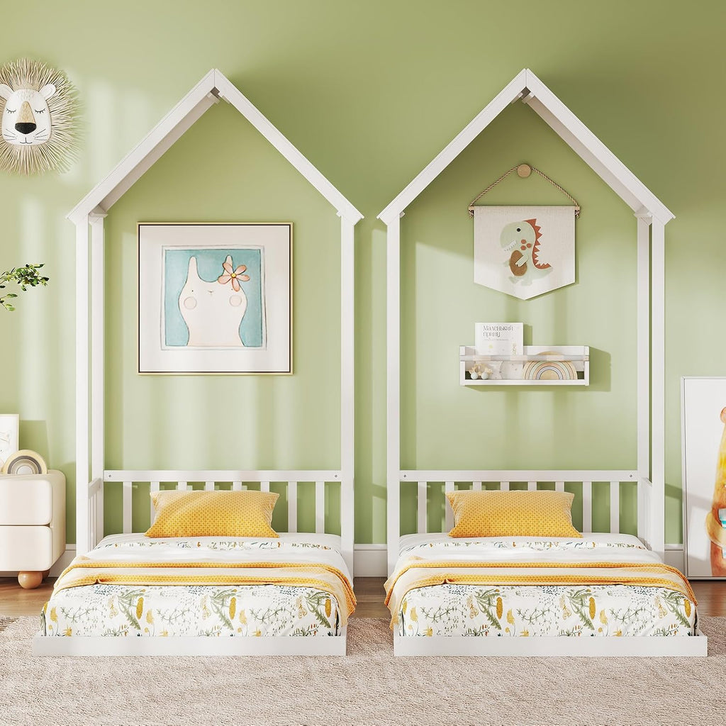 House Bed, Montessori Floor Bed with House Shape Roof & Semi-Fence, Solid Wood Bed Frame Without Slats, Low