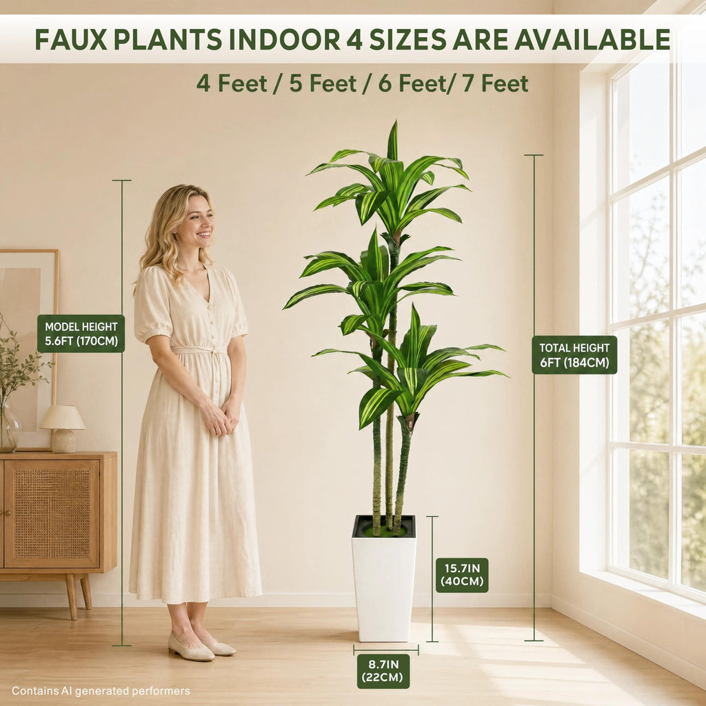 6FT Dracaena Artificial Plants Indoor, with White Tall Planter