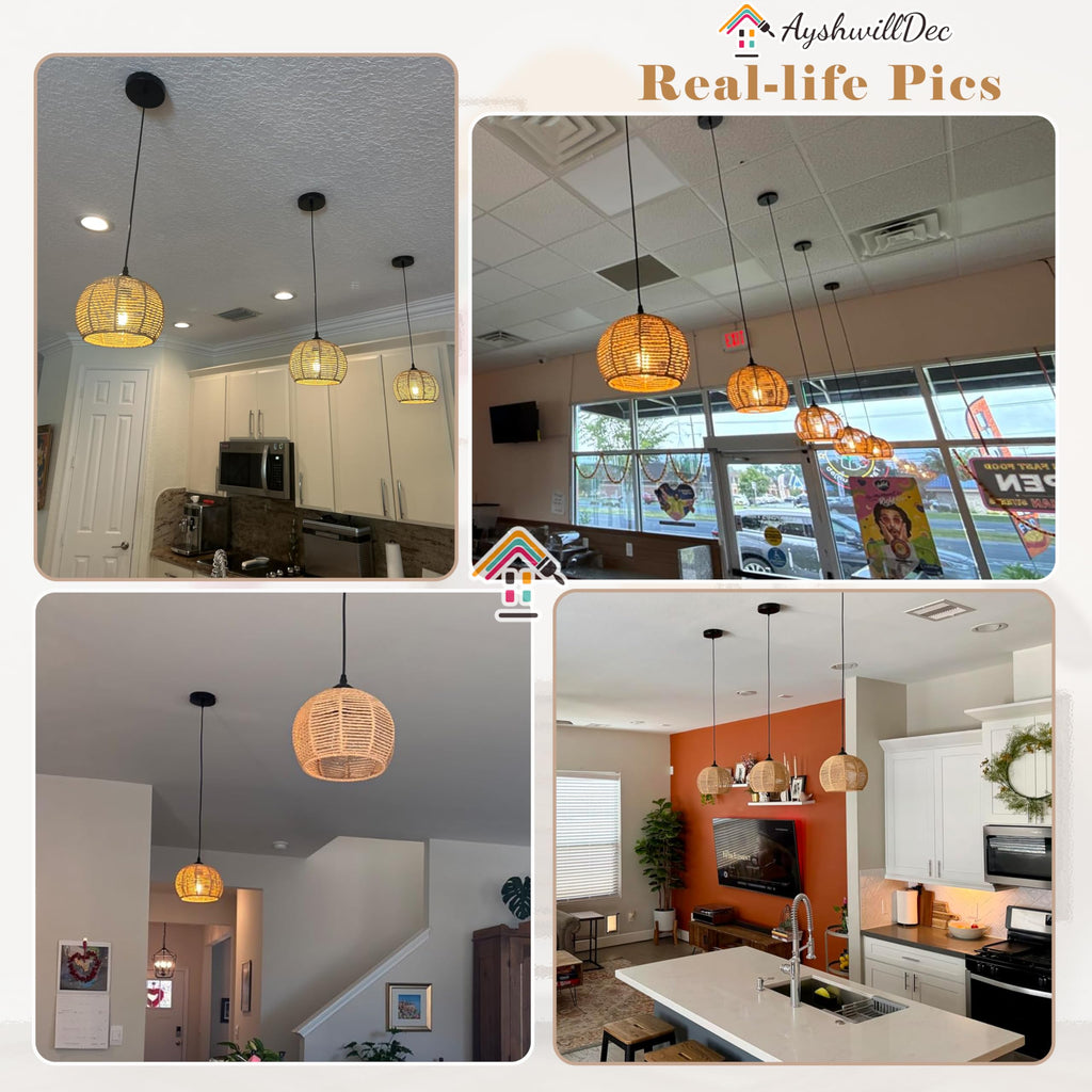 3 Pack Wicker Pendant Light Natural Boho Chandelier Light Fixture Dome Rustic Farmhouse Pendant Lights Rattan Light