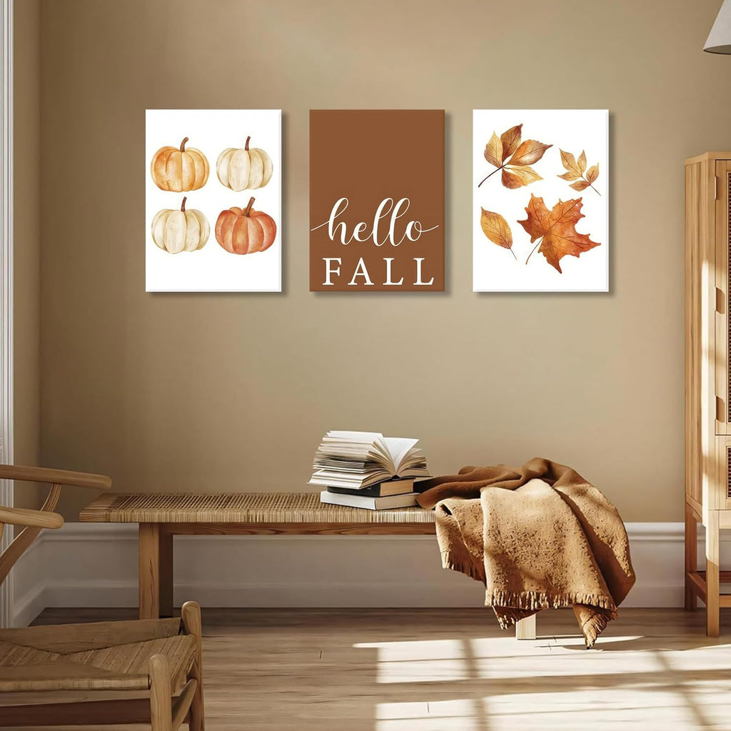 Vintage Fall Wall Art Set of 3, Rustic Farmhouse Seasonal with Hello Fall Sign Canvas Prints Painting, Thanksgiving