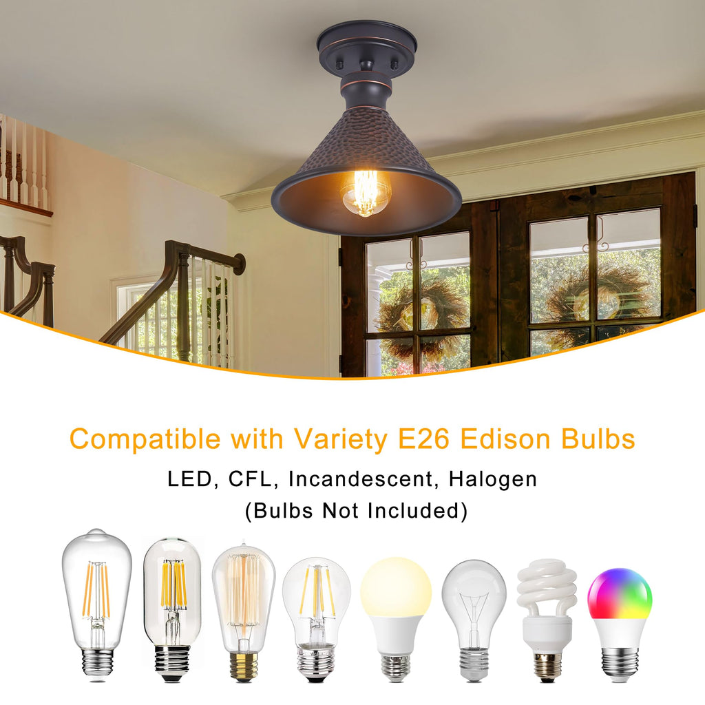 9.2" Industrial Semi Flush Mount Ceiling Light, Vintage Hammered Pattern Cast Aluminum Shade, 1-Light E26 Classic