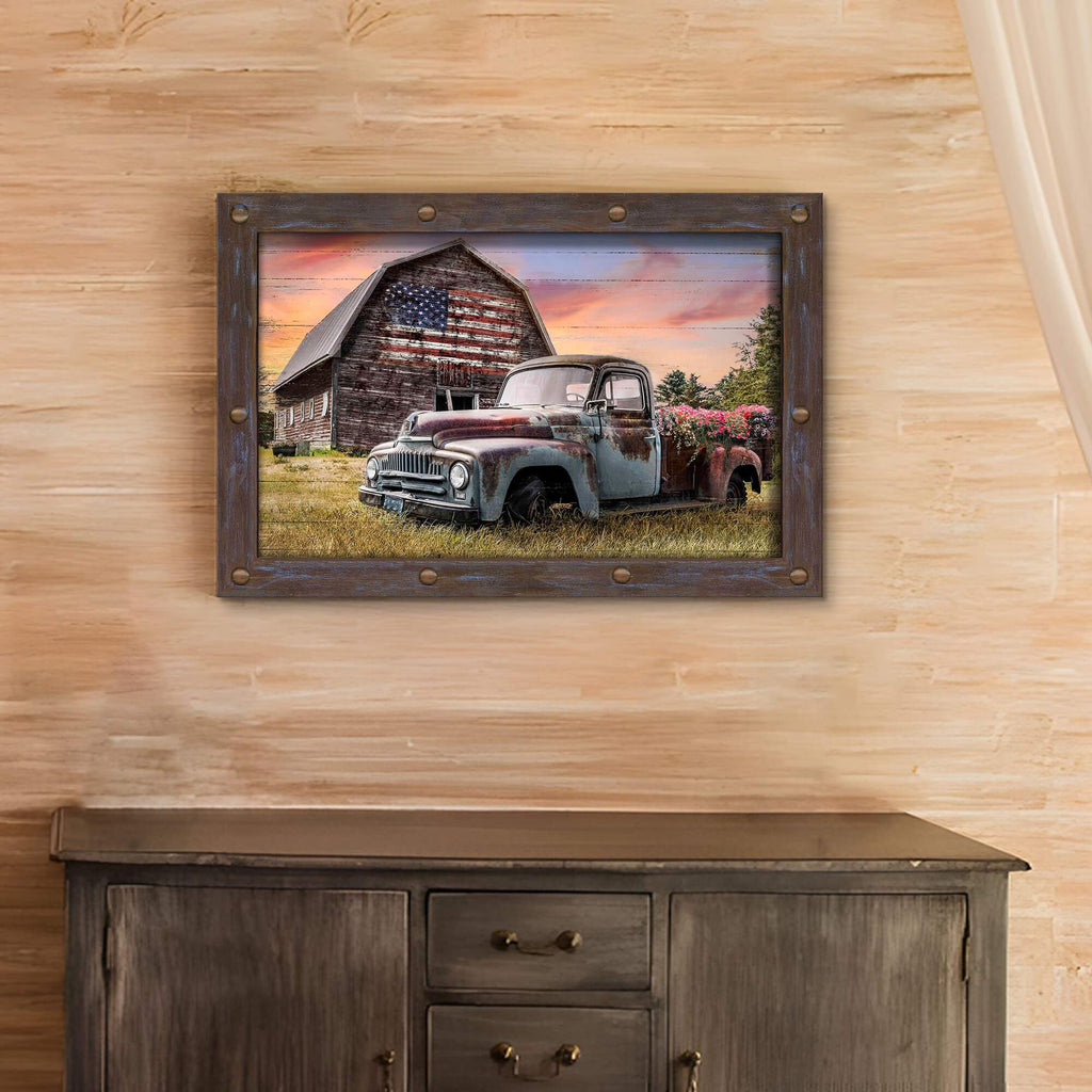 American Barn Vintage Pickup Wood Framed Wall Art 24"x16"