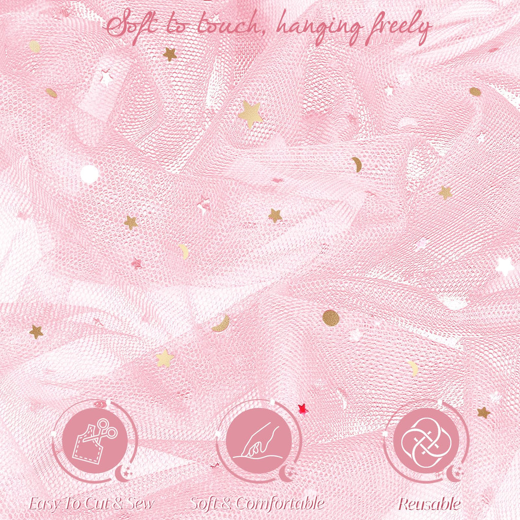 Light Pink Glitter Tulle Fabric Rolls, 3 Yard, Star & Moon Sequin