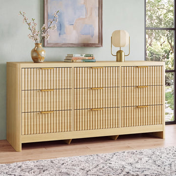Fluted 9 Drawer Dresser, 59" Horizontal Wide Modern Low Profile Chest of Drawers with Metal Handle & Storage, Long