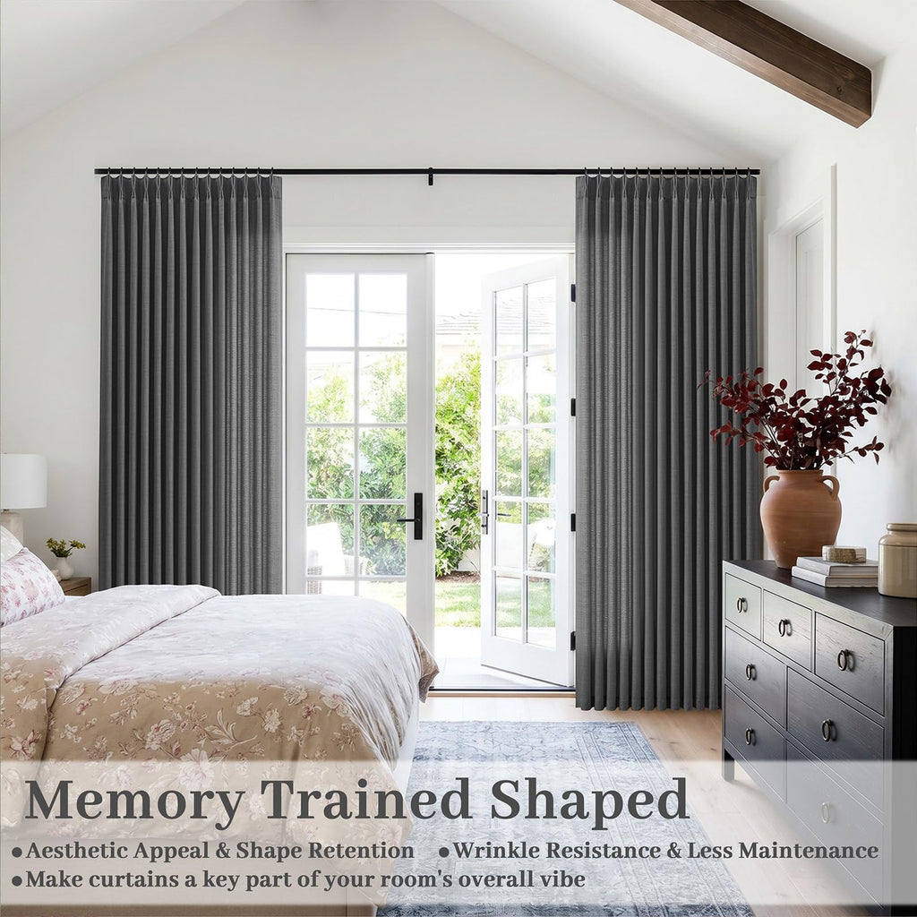 Pinch Pleat Dark Grey Linen Curtains - Boho Light Filtering Privacy 100 Inches Long Ceiling Floor Pleated Curtain