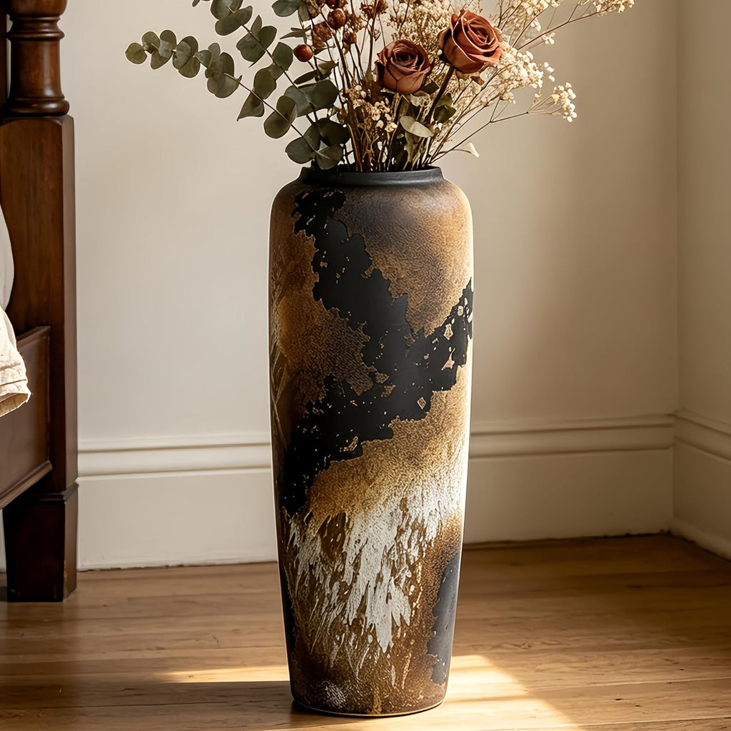 Rustic Ceramic Floor Vase, 19.7 Inch, Clay Farmhouse Large Decor | Living Room, Entryway, Fireplace, Pampas Grass