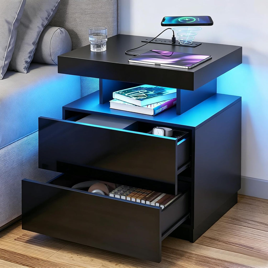 Nightstand with Charging Station and LED Light, Smart Nightstand with USB Port & Wireless Charging, Modern Night