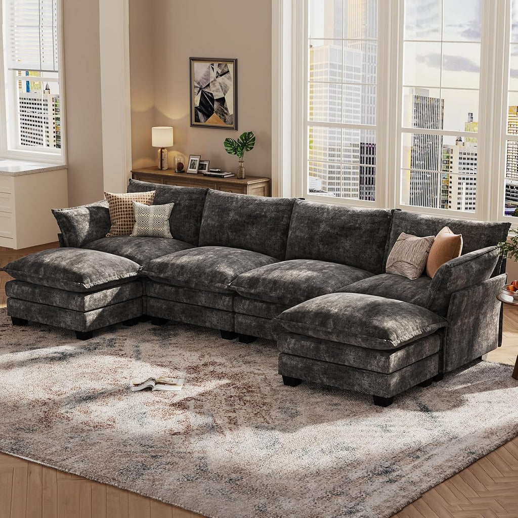 KKL 120" Modular Sectional Sofa for Living Room, U-Shaped 6 Seater Convertible L-Shaped Cloud Couch with Ottoman