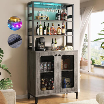Bar Cabinet with Power Outlets,67" Tall Wine Bar Cabinet,White Oak | Liquor Cabinets with LED Lights and Glass