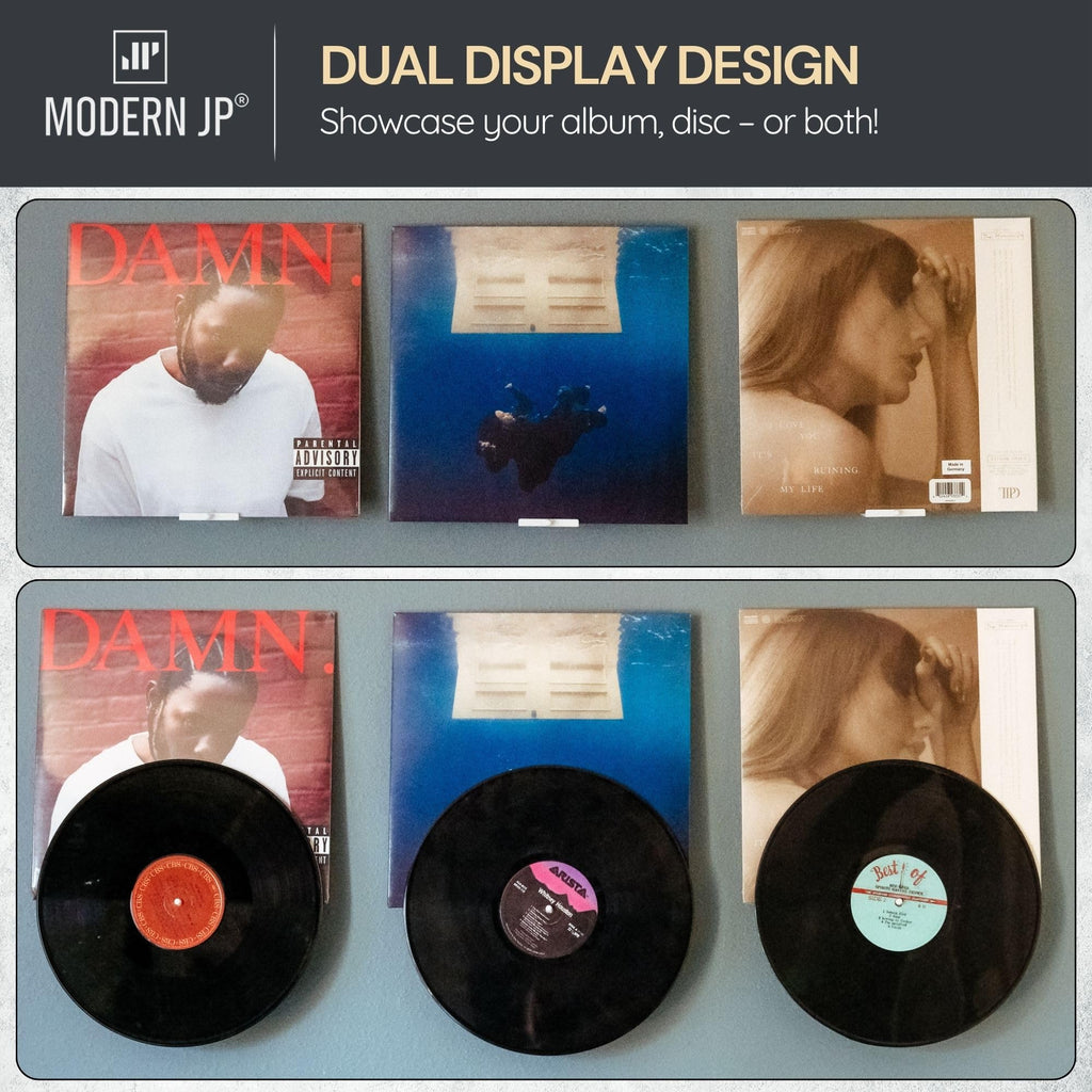 Adhesive Vinyl Wall Mount (16-Pack) - Dual Display Album and Disc, Strong Hold Record Holder Wall, Record-Safe Easy