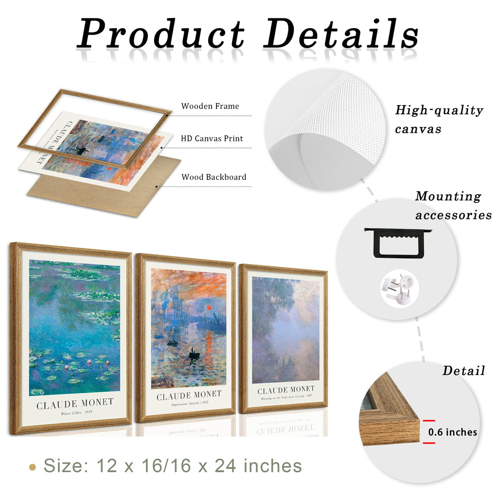 Triptych Framed Claude Monet Water Lilies Canvas Wall Art 16x24 in