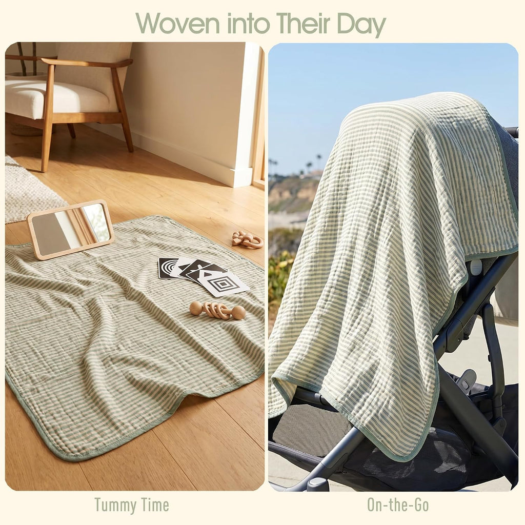 Ultra Soft Muslin Baby Blanket - Organic Cotton Blend (Sage Stripe)