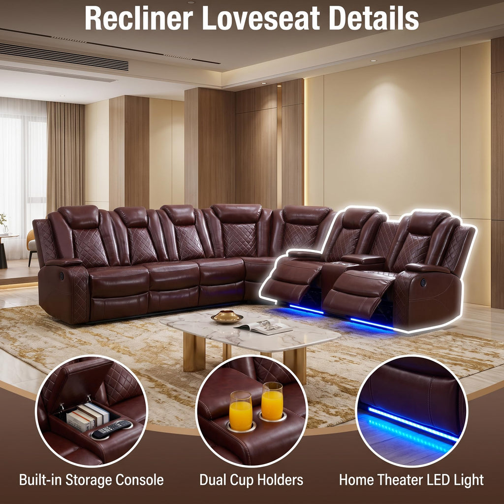 PU Leather Power Recliner Sectional, L-Shape Reclining Couch, 6-Seat Sectional Sofa with LED Lighting/USB