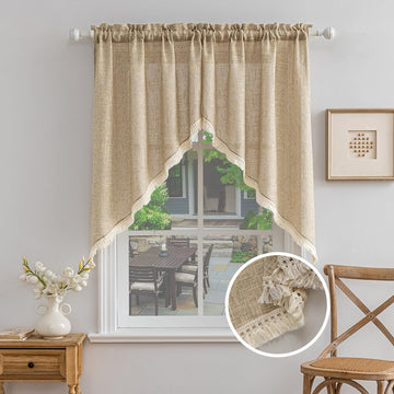 Beda Home Tassel Linen Textured Swag Curtain Valance, Taupe, 36 x 45 in