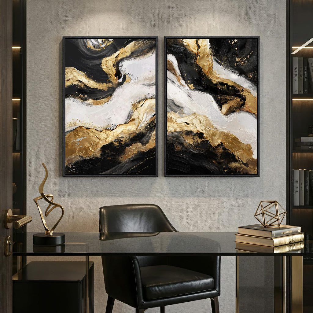 Framed Gold Abstract Modern Wall Art Set of 2, 24x36 Inch