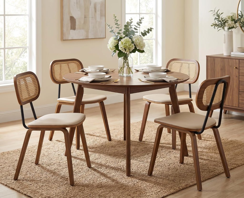 Mid Century Modern Dining Chairs Set of 2, Rattan Back Kitchen Chairs with Solid Wood Frame, Upholstered Faux Leather