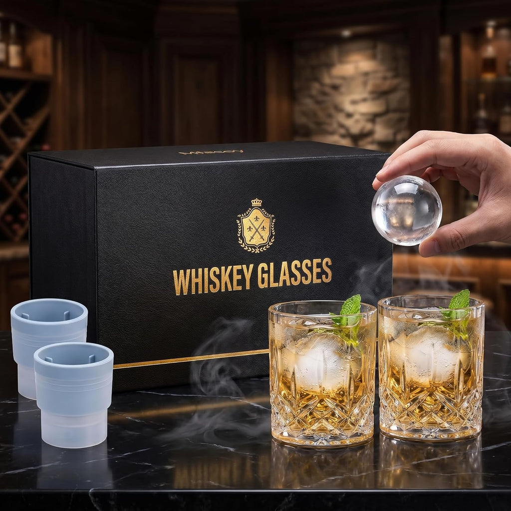 Old Fashioned Whiskey Glasses, Set of 4 (2 Crystal Bourbon Glasses, 2 Round Big Ice Ball Molds) In Gift Box - 11 Oz