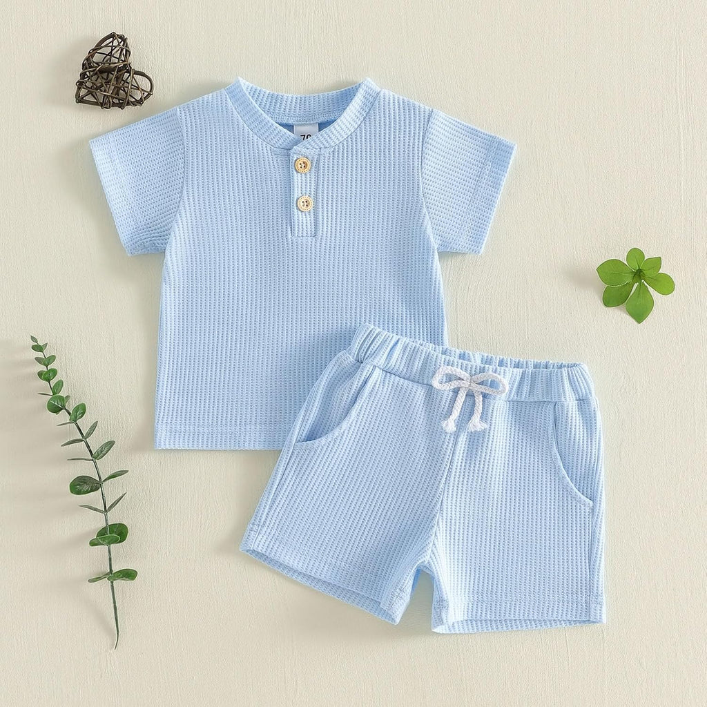 Toddler Baby Boy Summer Clothes Button Waffle Short Sleeve T-Shirt Top Elastic Waist Shorts Set 2Pcs Infant Outfit
