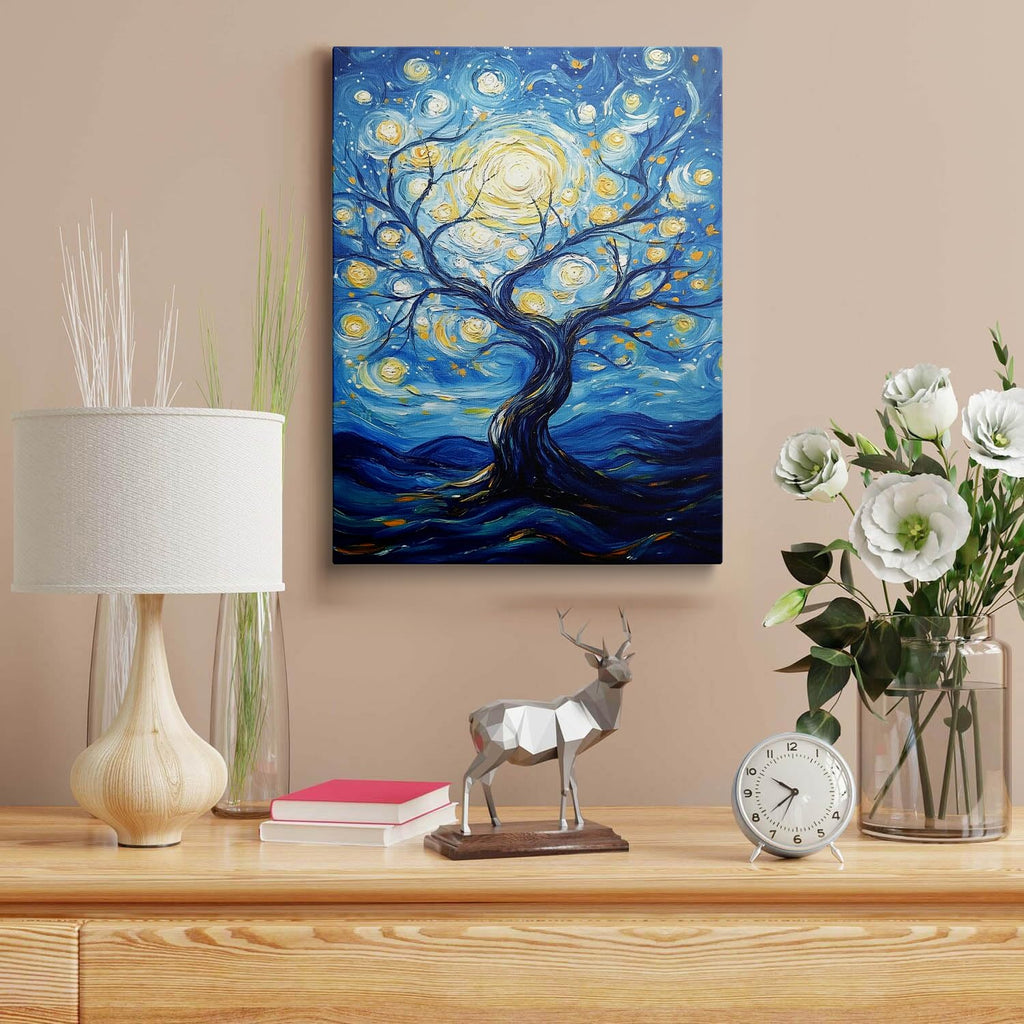 Framed Van Gogh Canvas Wall Art Set, Colorful Abstract Tree of Life & Starry Night Paintings, Boho Wall Decor, Blue