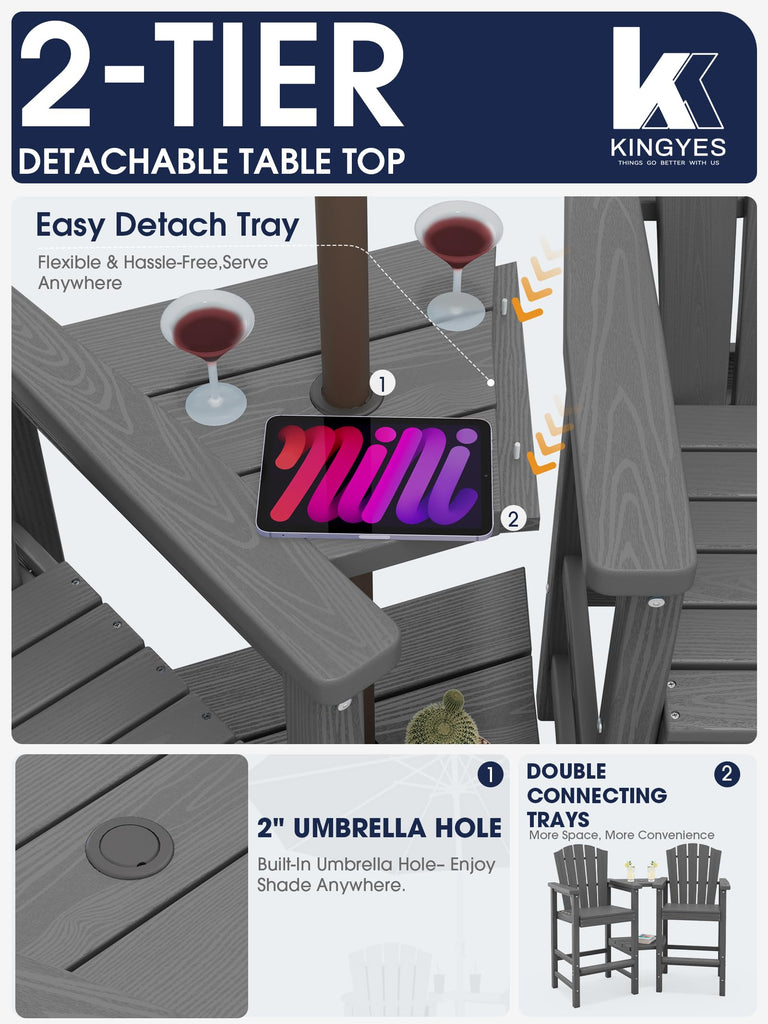 Tall Adirondack Chair Set of 2 with Double Connecting Trays, Gray