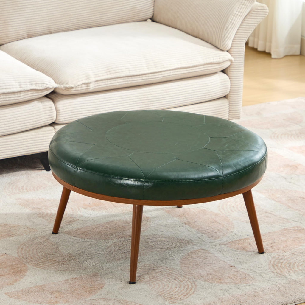 Round Ottoman, Large Faux Leather Footstool and Coffee Table, Cushioned Backless Chair, Padded Seat Footrest, (Green)