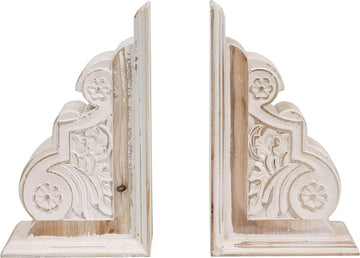 1 Pair Rustic Handmade Distressed White Wood Bookends, Carved Pattern | Unique Decorative Heavy Book Holder