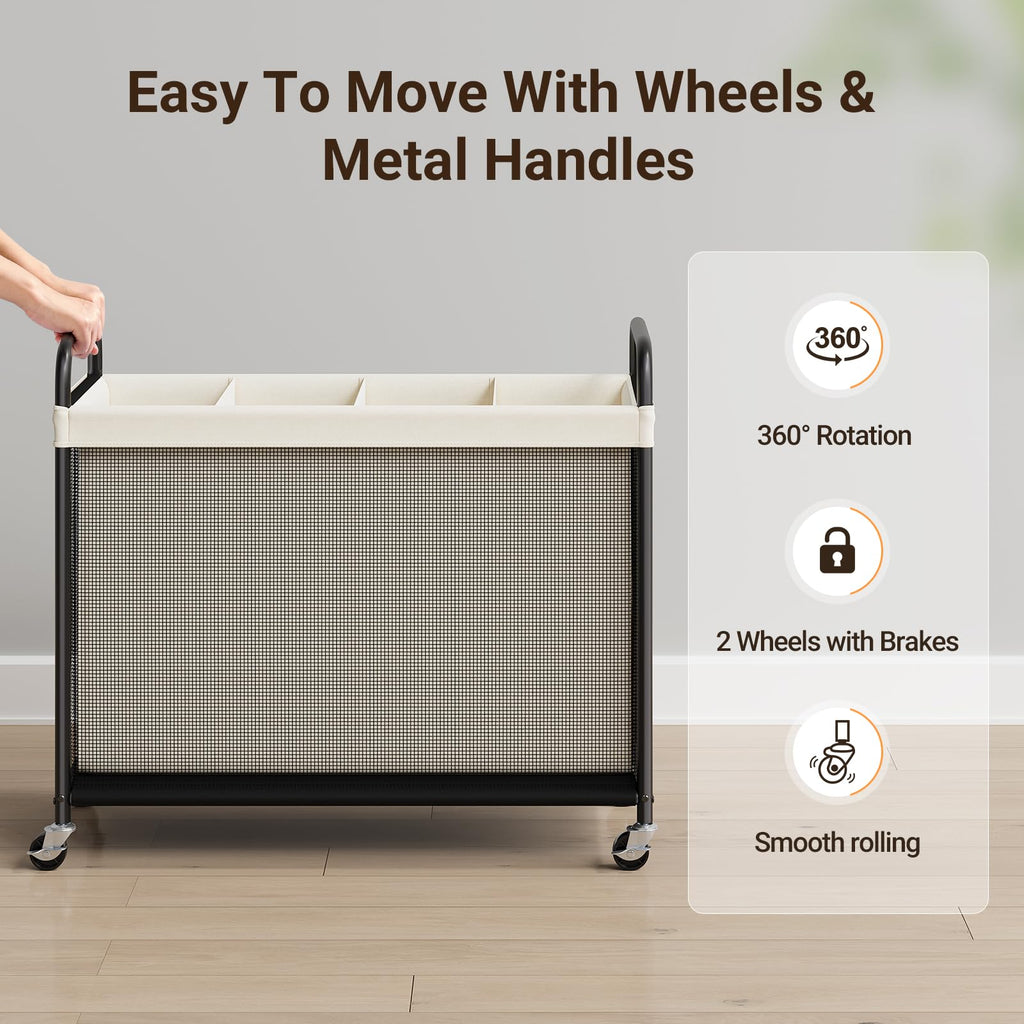 Laundry Hamper 4 Section, 140L Rolling Laundry Sorter with Wheels