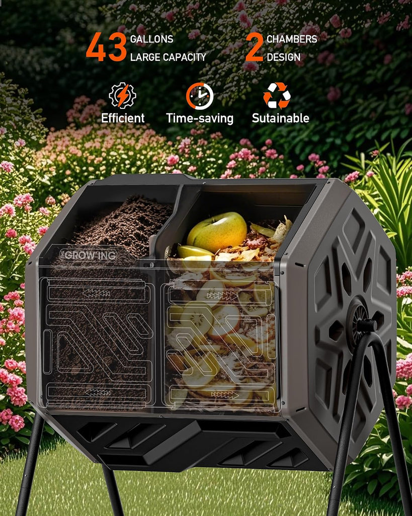 THE Growing 43 Gal Outdoor Compost Bin Tumbler for Backyard Garden, Brown | Twin 21.5gal chambers blend with