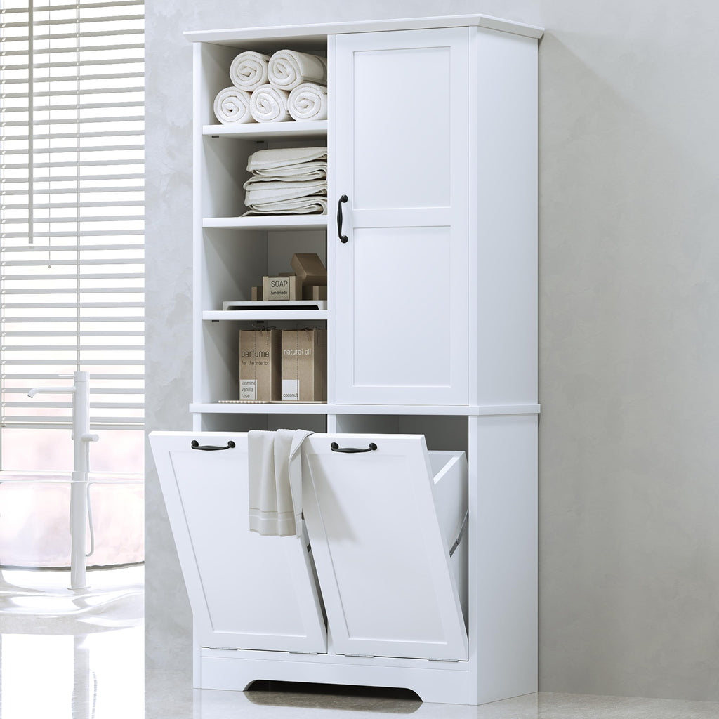 Cabinet with Tilt-Out Laundry Hamper Basket, Tall Bathroom Storage Organizer Linen with Open Shelf, Freestanding