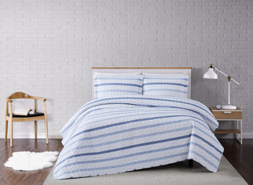 Waffle Stripe White and Blue Polyester 3-Piece Quilt Set, Stripe Themed, for Men and Women, Oeko-TEX