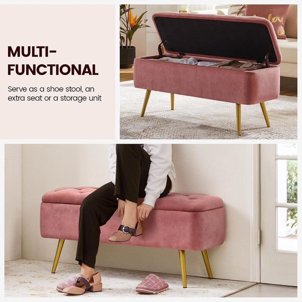 43in Ottoman Bench Velvet Storage End of Bed, Pink | Button-Tufted Ottoman Bench with Tapered Gold Metal Legs, 1.9C