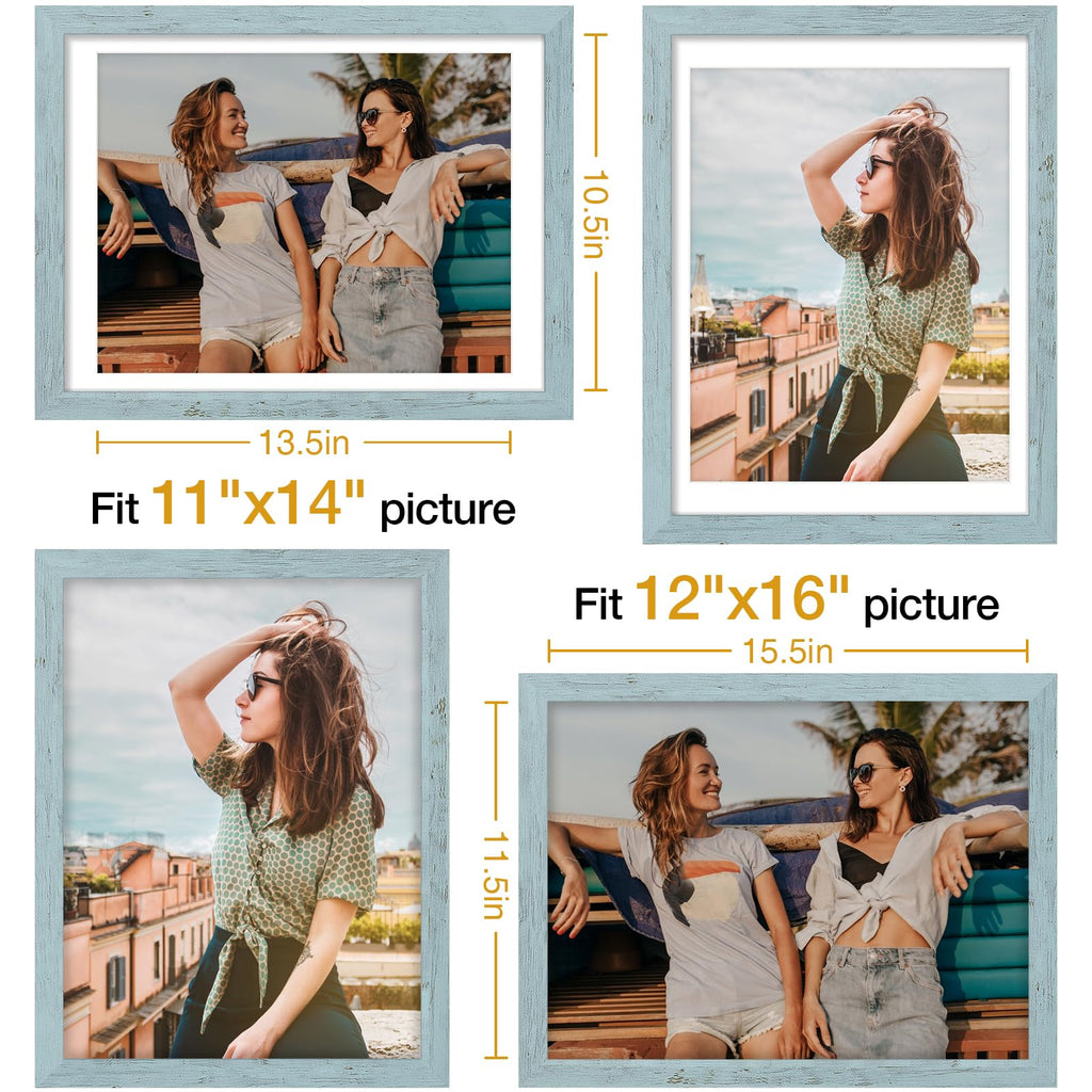 12x16 Picture Frame, Matted for 11x14 Photos, Rustic Blue