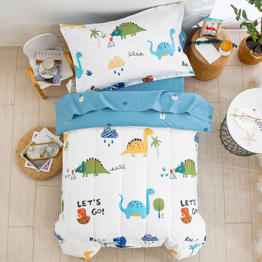 Cotton Toddler Bedding Set, 4 Pieces Dinosaur Kids Bed Comforter Set
