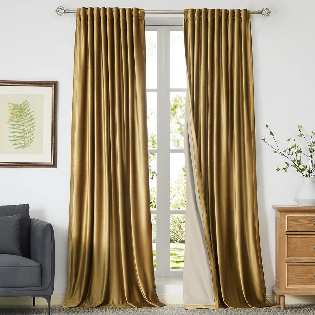 100% Blackout Gold Velvet Curtains 84 inch Long,Elegant 2 Panels Back Tab Thermal Insulated Room Darkening Curtain