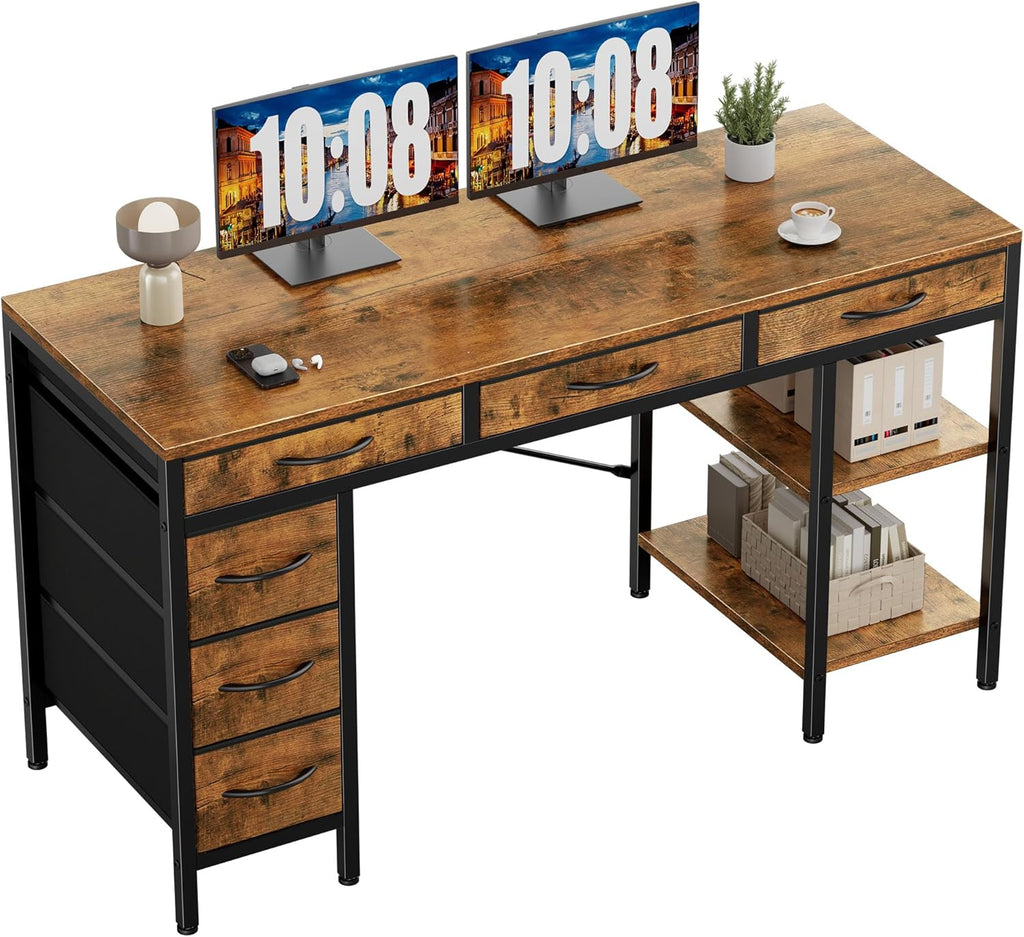 55" Computer Desk with 6 Drawers, Home Office Gaming Desks with Storage Shelves