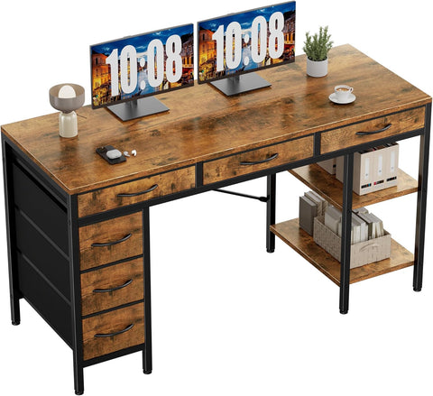 55" Computer Desk with 6 Drawers, Home Office Gaming Desks with Storage Shelves
