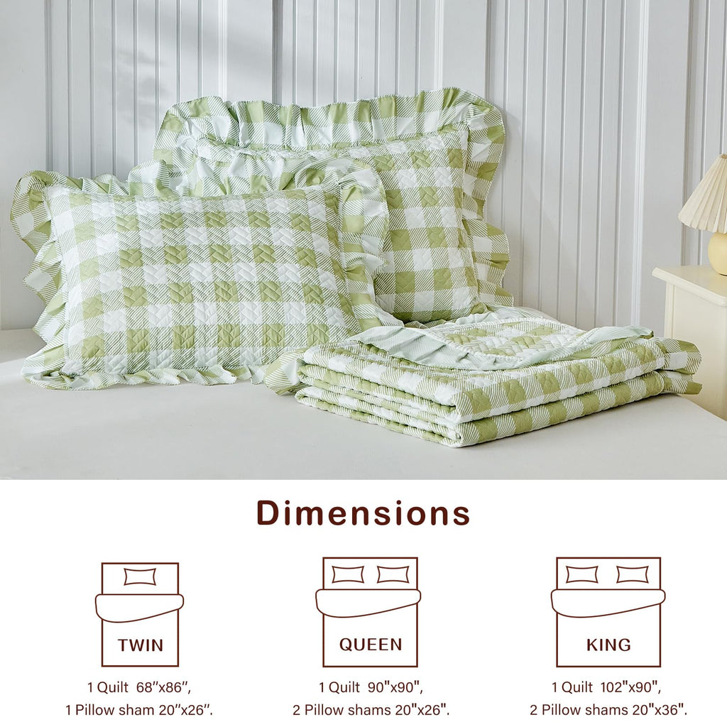 3pcs Ruffle Quilt Set, Sage Green Gingham Plaid Ruffled Design, Soft Cozy Microfiber Farmhouse Bedspread