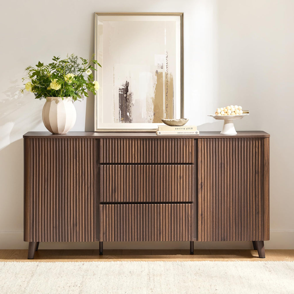 62" Fluted Sideboard Buffet Cabinet with 3 Drawers, Walnut