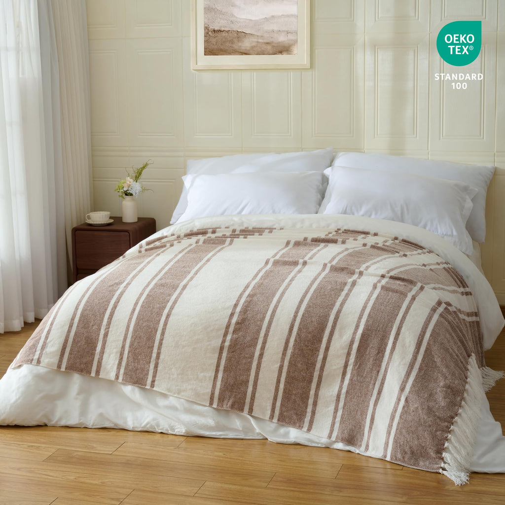Chenille Throw Blanket with Knotted Tassels 50x60, Tan Stripe