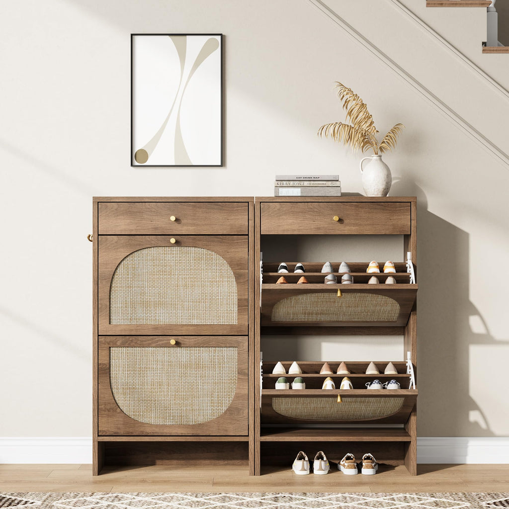 Shoe Storage Cabinet, Slim Shoe Rack with 2 Flip Drawers and Top Storage Drawer, Narrow Shoe Organizer with Arched
