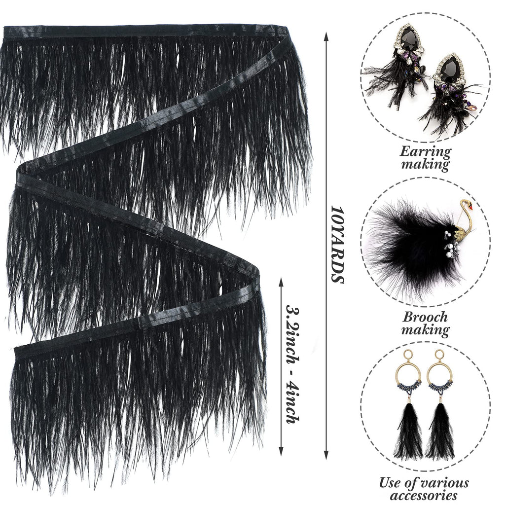 Ostrich Feathers Trims 3-4 Inch Feathers Fringe, Black - 10 Yards