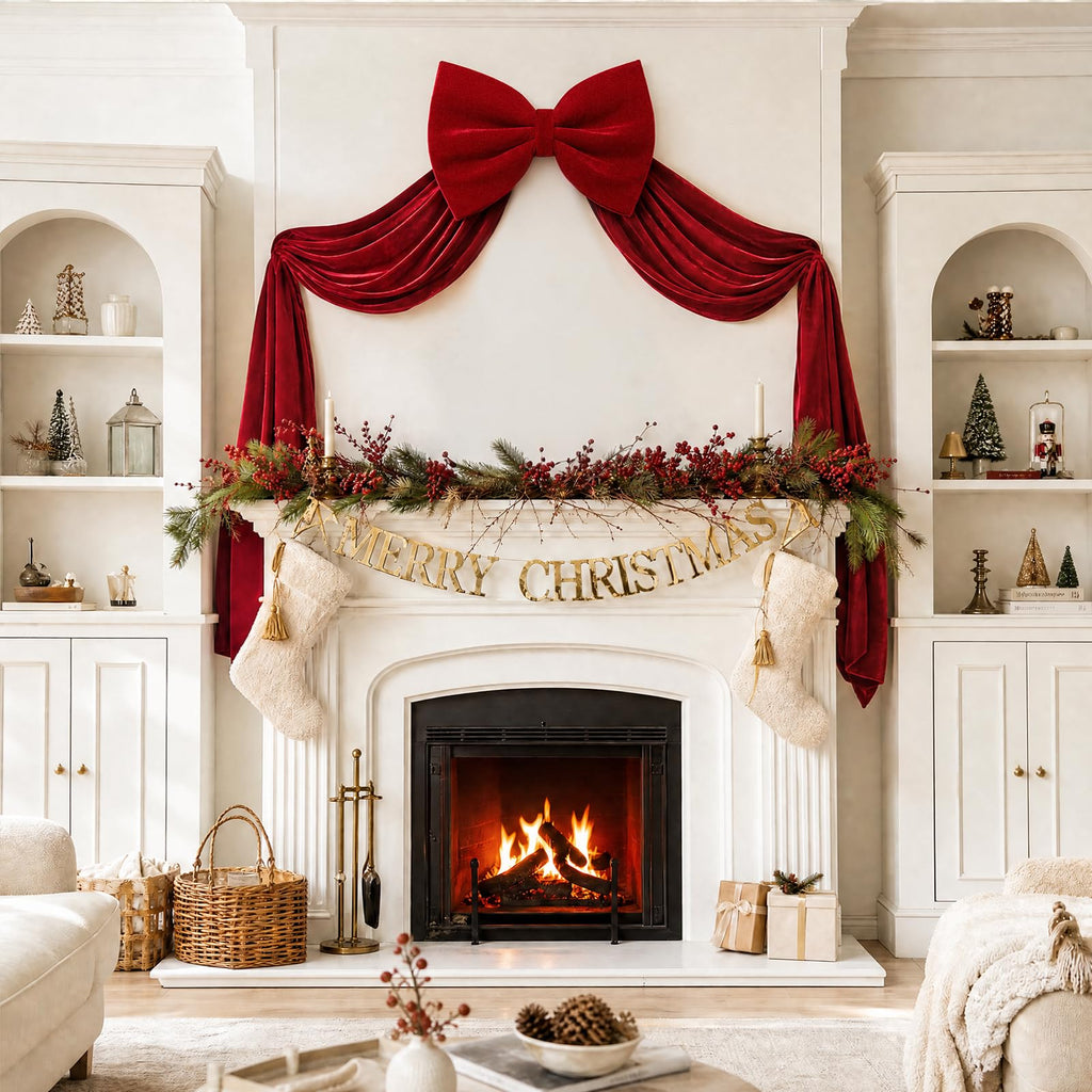 24"x71" Giant Red Velvet Bow Christmas Tree Topper Decorations, Oversized Big Xmas Velvet Bows for Tree Home Party